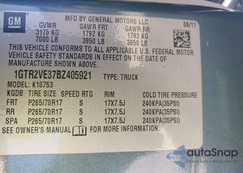 2011 GMC Sierra 1500 Sle z USA, uszkodzony, nr VIN 1GTR2VE37BZ405921